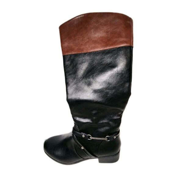 NAUTICA WOMEN'S Riding Boots 8.5 LEATHER SIDE ZIP BLACK & Brown Top Metal Logo - Picture 2 of 12